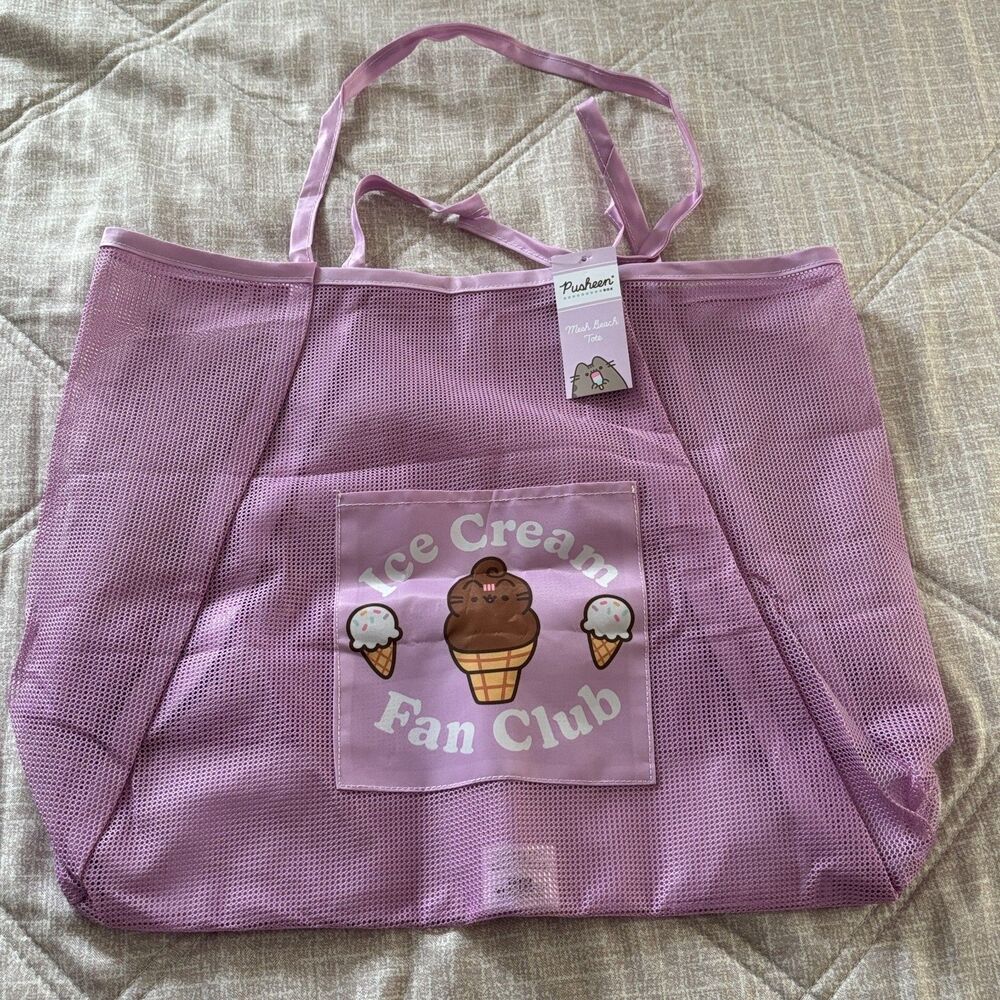 NWT Pusheen The Cat Ice Cream Fan Club Purple Mesh Beach Tote Bag